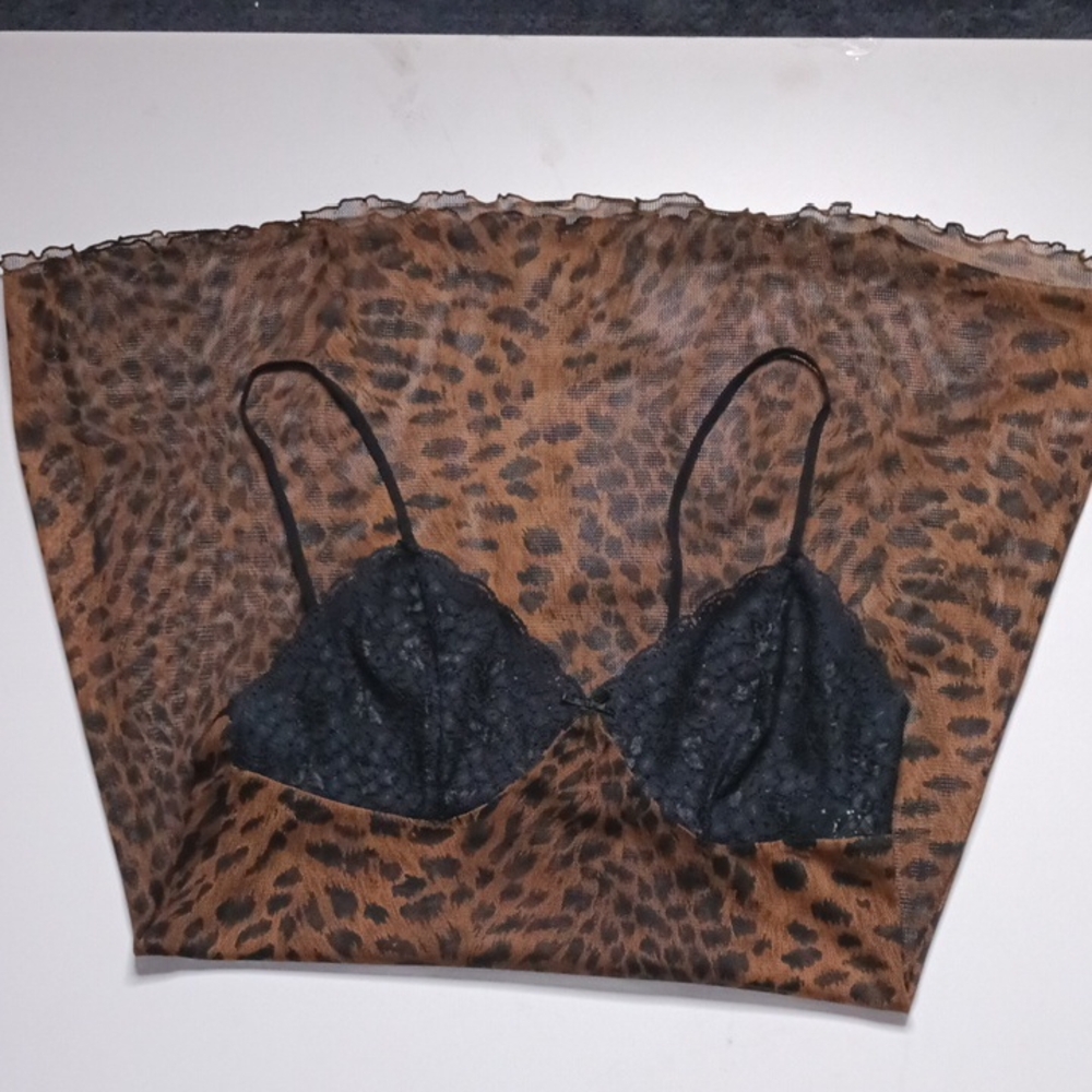 Avon Black Lace Bralette with Sheer Leopard Mesh Overlay - Medium NWOT